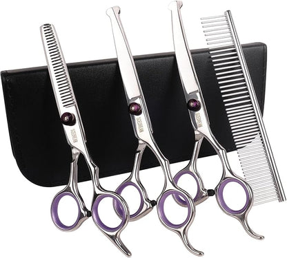 Professional Dog Scissors with Safety Round Tips, 5 in 1 Dog Scissors Kit, 4CR Stainless Steel Pet Grooming Shears, Sharp and Durable, Blue
