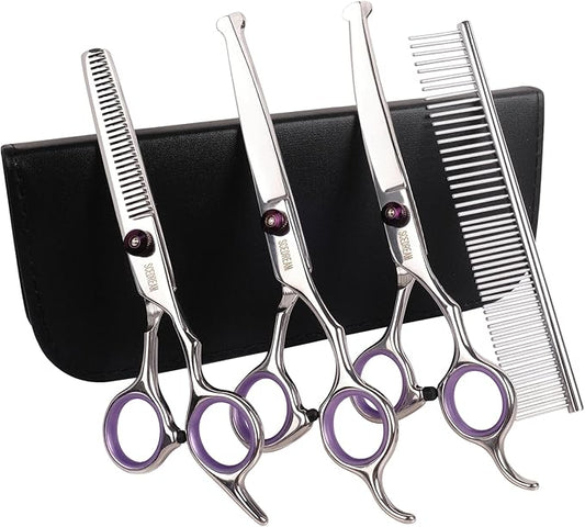 Professional Dog Scissors with Safety Round Tips, 5 in 1 Dog Scissors Kit, 4CR Stainless Steel Pet Grooming Shears, Sharp and Durable, Blue
