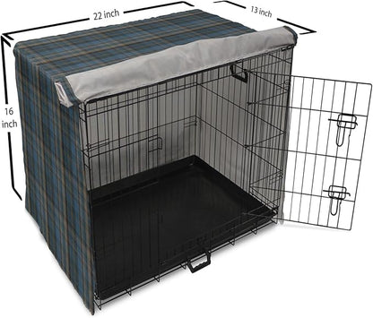 Lunarable Plaid Dog Crate Cover, Striped Geometric British Pattern Modern Design Elements in Patel Colors, Easy to Use Pet Kennel Cover for Medium Large Dogs, 22 Inch, Azure Blue and Marigold