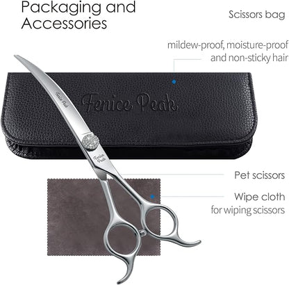 Fenice Peak 6.5‘’ Extra Curved Dog Grooming Scissors with Jewelled Screw 440C Stainless Steel Pet Grooming Bending Scissors with Symmetrical Handle for Professional Groomer and Home User