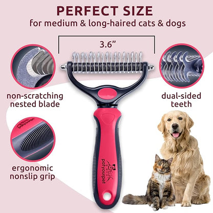 Pat Your Pet Deshedding Brush - Double-Sided Undercoat Rake for Dogs & Cats - Shedding Comb and Dematting Tool for Grooming, Extra Wide (Pink)