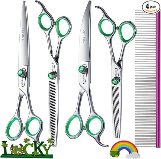 Professional Dog Grooming Scissors Kit Japan 440C Stainless Steel 7.0 in Curved Thinning Straight Chunker Shears and Comb 5pcs Set for Grooming Dogs Cat Pet