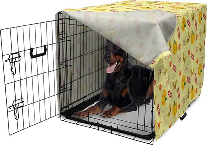 Lunarable Autumn Pumpkin Dog Crate Cover, Seasonal Image with Fall Botanical Elements Leaves and Acorns, Easy to Use Pet Kennel Cover for Medium Large Dogs, 42 Inch, Pastel Yellow Multicolor