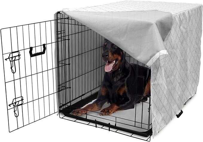 Lunarable Grey Dog Crate Cover, Moroccan Traditional Trellis Pattern Simple Geometric Monochrome Tile, Easy to Use Pet Kennel Cover for Medium Large Dogs, 42 Inch, White Grey