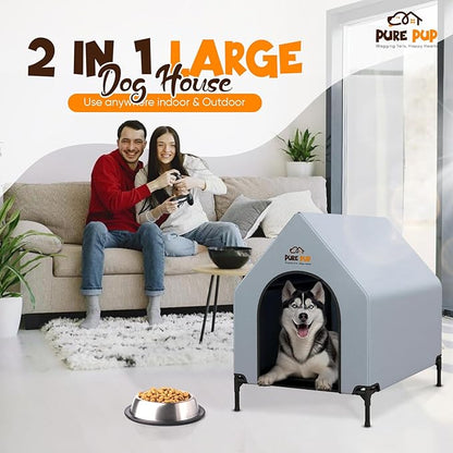 Outdoor Dog House with Elevated Bed, Weatherproof Canopy, Breathable Mesh Fabric with Windows – Ideal Shelter for Large Breeds