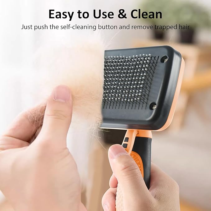 Dog & Cat Hair Brush,Self Cleaning Slicker Brush for Long Short Hair,Shedding & Grooming Pet Brush with Soft Bristle and Release Button,Orange