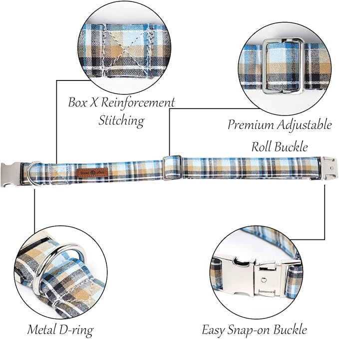 Lionet Paws Boy Dog Collar, Comfortable Adjustable Cute Blue Plaid Collar with Metal Buckle for Male Dogs Gift, Small, Neck 10-16 inches
