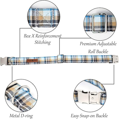 Lionet Paws Boy Dog Collar, Comfortable Adjustable Cute Blue Plaid Collar with Metal Buckle for Male Dogs Gift, Small, Neck 10-16 inches