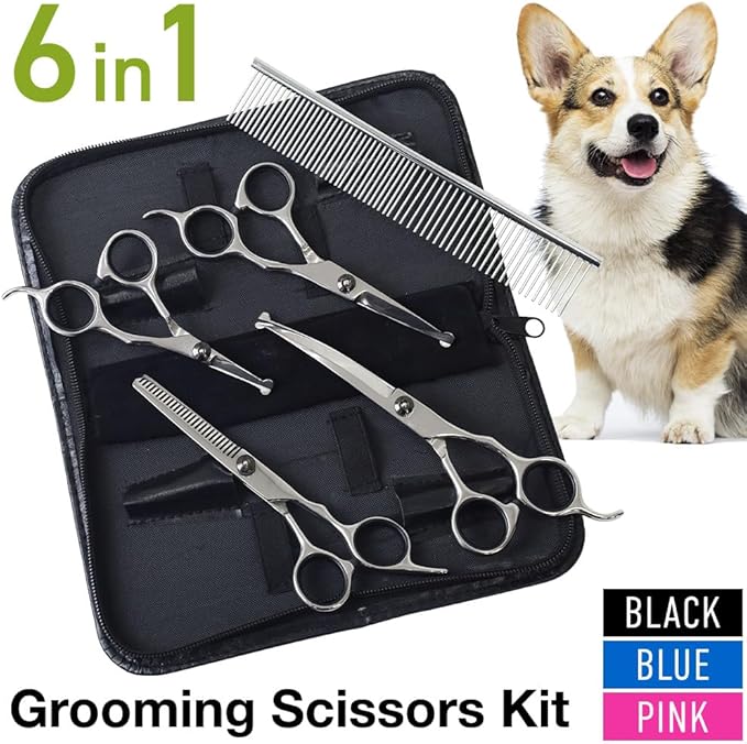 Professional 5 in 1 Dog Grooming Scissors Set with Safety Round Tips, Japard Sharp and Heavy-duty Pet Shears for Cats (Pink)