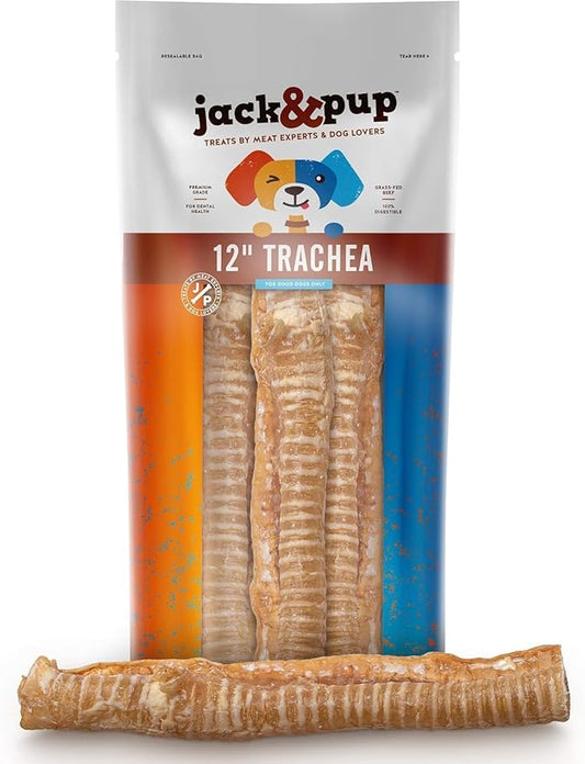 Jack&Pup 12" Beef Trachea for Dogs | All Natural Single Ingredient Dog Treat Dog Trachea Chews | Savory and Fun Treat for Dogs (3 Pack)