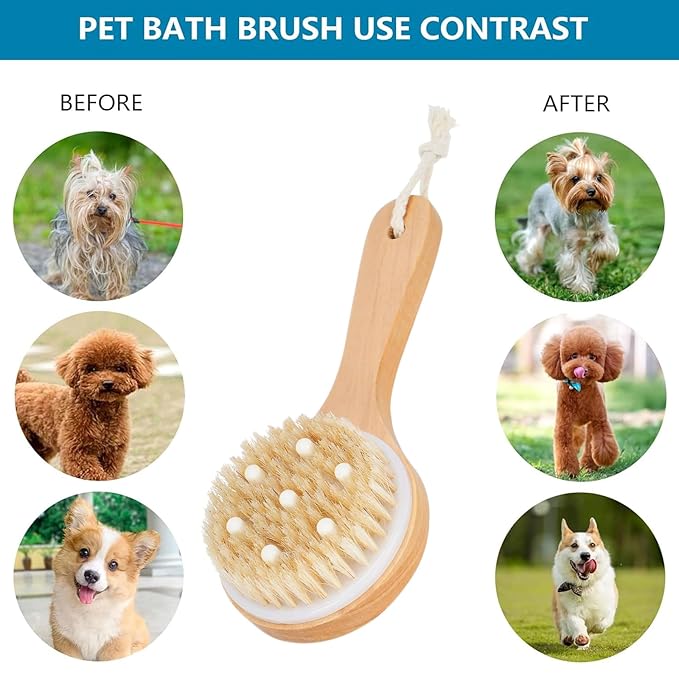 Pet Shampoo Brush Premium Dog Bath Brush Dog Shower Brush Wooden Pet Bath Massage Brush with Massage Points for Dogs and Cats with Short or Long Hair