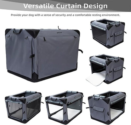 Pettycare 30 Inch Collapsible Dog Crate with Curtains Travel Dog Crate for Airflow and Calm Soft Pet Kennel with Portable Bag and More Chew Proof Mesh Indoor & Outdoor Grey 4 Door Curtains