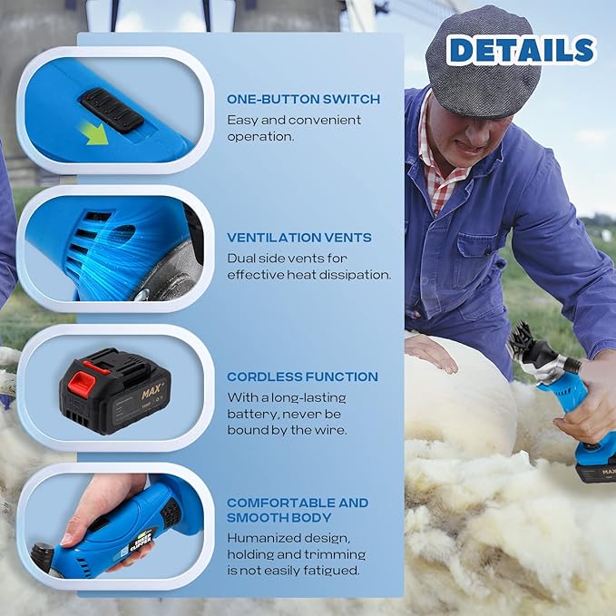 Sheep Shears Cordless 550W 2400RPM Professional Rechargeable Shearing Clipper 21V with 6 Speed, for Shaving Fur Wool in Sheep, Goat, Cattle, and Other Farm Livestock, with 2 Lithium Batteries