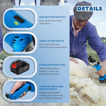 Sheep Shears Cordless 550W 2400RPM Professional Rechargeable Shearing Clipper 21V with 6 Speed, for Shaving Fur Wool in Sheep, Goat, Cattle, and Other Farm Livestock, with 2 Lithium Batteries