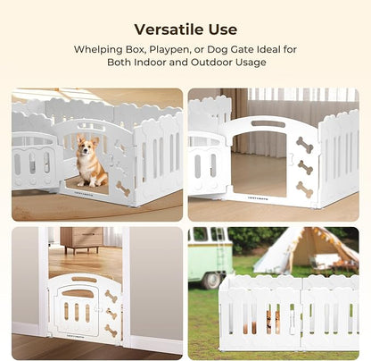 Dog Playpen with Door & Whelping Box, 10-Panel Lightweight Plastic Fence for Small to Medium Pets, Indoor/Outdoor Use, Portable, Durable, Non-Slip, Easy Assembly