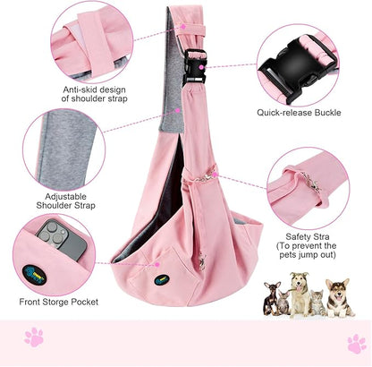 OWNPETS Pink Pet Sling Carrier, Pet Sling Carrier Bag Safe,Fit 10~15lb Cats&Dogs, Comfortable, Adjustable, Perfect for Daily Walk, Outdoor Activity and Weekend Adventure