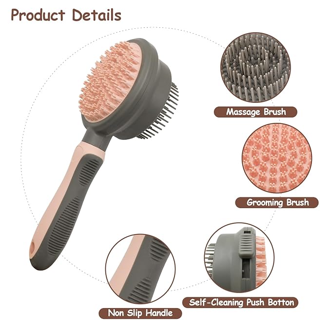 WishLotus Pet Brush, Double Sided Massaging Cat Hair Brush Retractable Self Cleaning Soft Pet Grooming Brush with Comfortable Handle for Grooming and Cleaning Pet Loose Hairs (Pink)