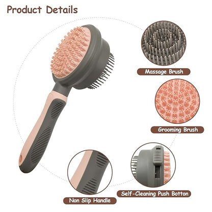 WishLotus Pet Brush, Double Sided Massaging Cat Hair Brush Retractable Self Cleaning Soft Pet Grooming Brush with Comfortable Handle for Grooming and Cleaning Pet Loose Hairs (Pink)