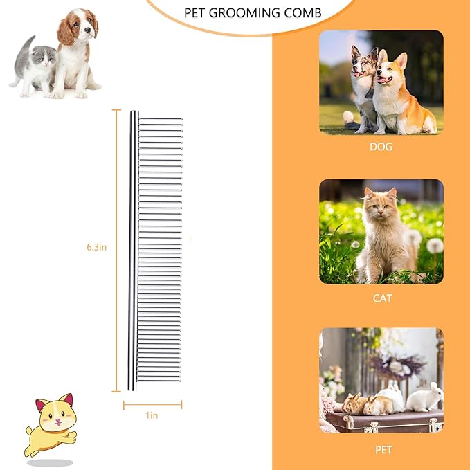 Pet Grooming Combs with Rounded Tips, Stainless Steel Bristles, Easy Detangling Tool for Long & Short Haired Dogs, Cats, and Other Furry Friends, Ideal for Daily Brushing
