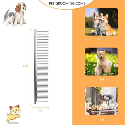 Pet Grooming Combs with Rounded Tips, Stainless Steel Bristles, Easy Detangling Tool for Long & Short Haired Dogs, Cats, and Other Furry Friends, Ideal for Daily Brushing
