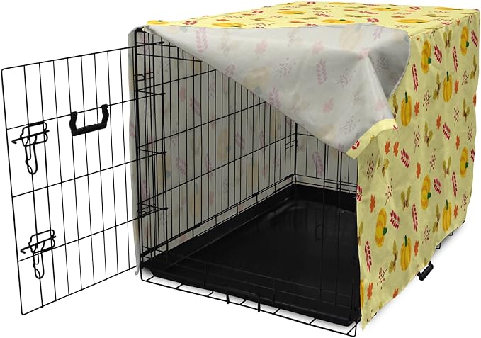 Lunarable Autumn Pumpkin Dog Crate Cover, Seasonal Image with Fall Botanical Elements Leaves and Acorns, Easy to Use Pet Kennel Cover for Medium Large Dogs, 48 Inch, Pastel Yellow Multicolor