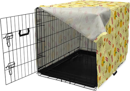 Lunarable Autumn Pumpkin Dog Crate Cover, Seasonal Image with Fall Botanical Elements Leaves and Acorns, Easy to Use Pet Kennel Cover for Medium Large Dogs, 48 Inch, Pastel Yellow Multicolor