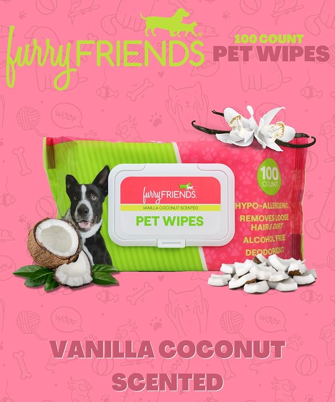 FurryFriends Pet Wipes | Vanilla Coconut Scented | Hypo-allergenic | Alcohol Free| Deodorizing | Removes Loose Hair & Dirt | Incredibly Clean | 100 ct. 1 Pack