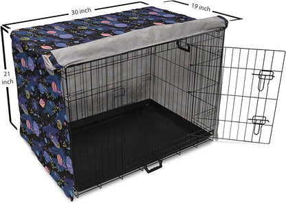 Ambesonne Galaxy Dog Crate Cover, Outer Space Planets Cosmic Journey Milky Way Zodiac Moon Doodle, Easy to Use Pet Kennel Cover for Cats & Medium Dogs, 30 Inch, Blue Pink