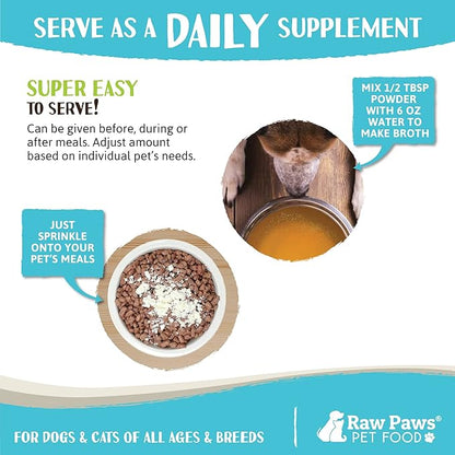 Raw Paws Beef Bone Broth for Dogs & Cats, 6-oz - Made in USA - Dog Food Topper - Bone Broth Protein Powder for Dogs - Powdered Bone Broth for Dogs - Bone Broth for Cats - Dog Gravy Topper for Dry Food
