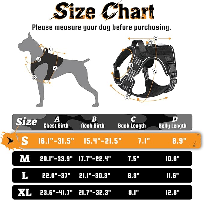rabbitgoo Dog Harness Small Sized No Pull, Tactical Service Dog Vest with Molle and Control Handle, Adjustable and Reflective Military Pet Harness for Easy Walking and Training, Black, S