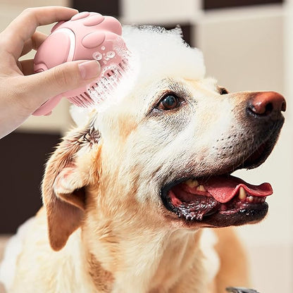 Molain Silicone Rubber Dog Cat Grooming Massage Brush - Hair Fur Cleaning with Soft Shampoo Dispenser (Pink Paw Shape)