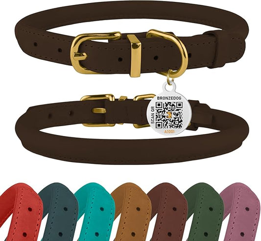 BRONZEDOG Rolled Leather Dog Collar with QR ID Tag Adjustable Soft Round Collars for Small Medium Large Dogs Puppy Cat (7" - 10" Neck Size, Brown)