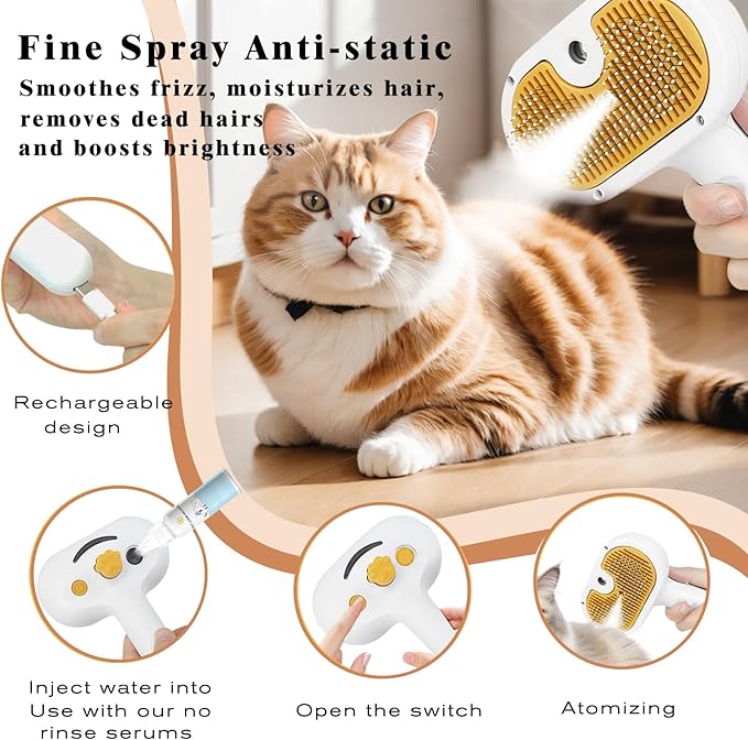 Pet Steam Brush for Dog & Cat – 3-in-1 Spray Hair Removal Comb – Steam for Shedding & Grooming – Water Brush for Long & Short Haired Pets – Spritz Defur Comb – Includes Waterless Shampoo