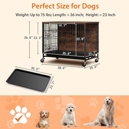 Dog Crate Furniture, 38.6" Double-Door Dog House with Removable Wheels, Heavy-Duty Wooden Kennel & Pull-Out Tray, Rustic Brown Side Table for Large Dogs, Brown