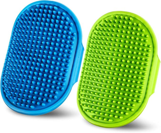 Dog Bath and Grooming Brush | Shampoo Massage Comb With Adjustable Loop Handle for Short and Long Hair Cats and Dogs, 2pcs (Tapered Head, Blue + Green)