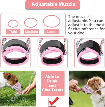 LUCKYPAW Dog Muzzle, Soft Dog Muzzles for Small Medium Large Dogs, Breathable Muzzles to Stop Biting and Chewing with Pattern, Allows Panting and Drinking (M-(Snout 5½"-8"), Pink Cake)