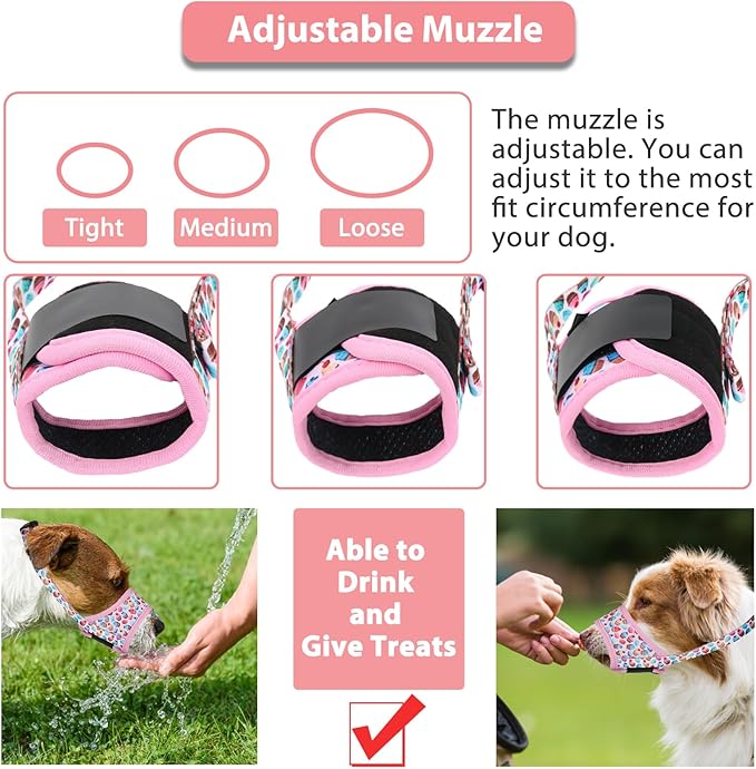 LUCKYPAW Dog Muzzle, Soft Dog Muzzles for Small Medium Large Dogs, Breathable Muzzles to Stop Biting and Chewing with Pattern, Allows Panting and Drinking (XS-(Snout 3½"-4¾"), Pink Cake)