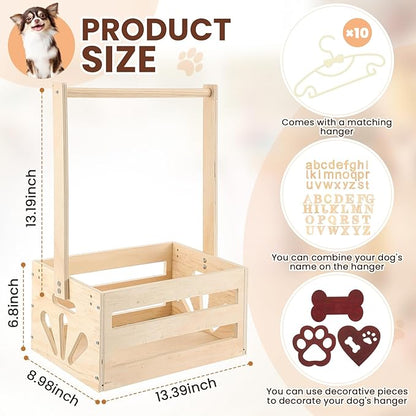 20" x 13" x 9" Wooden Pet Wardrobe Closet Crate Box with Hanging Rods and Personalized Pet Alphabet Letters Easy Assembly Baskets for Dog Cat Toys Clothes Accessories(Wood)