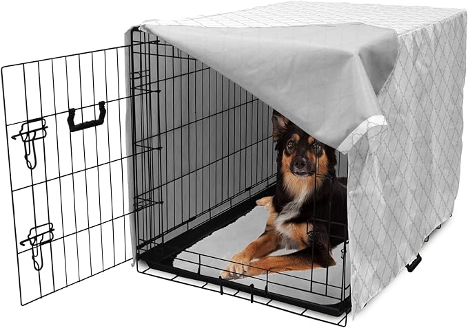 Lunarable Grey Dog Crate Cover, Moroccan Traditional Trellis Pattern Simple Geometric Monochrome Tile, Easy to Use Pet Kennel Cover for Medium Large Dogs, 36 Inch, White Grey