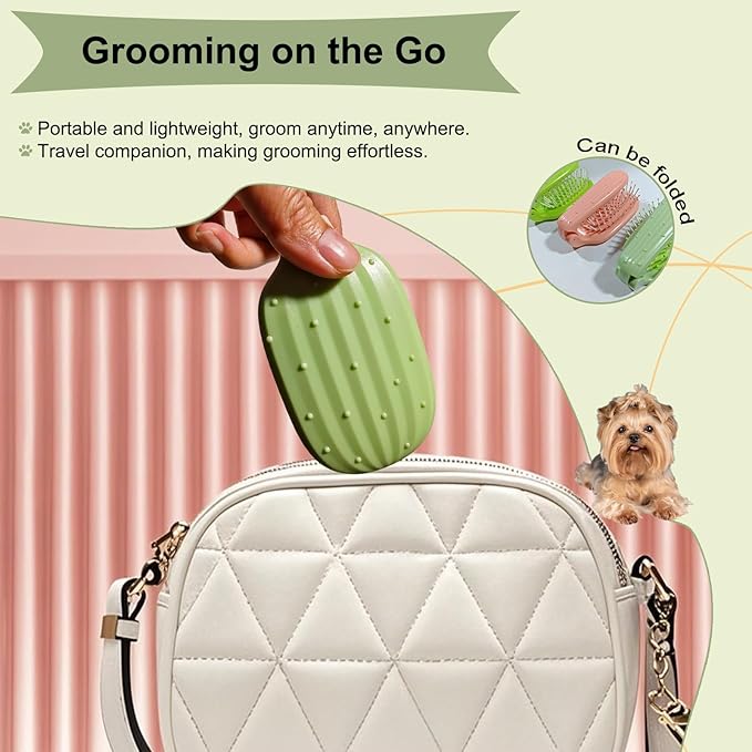 Foldable Cactus Puppy Brush Small Dogs Soft Bristles Grooming Tool Yorkie Shih Tzu Maltipoo Maltese (Light Green)