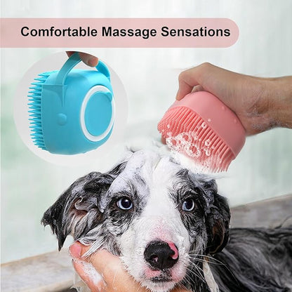 Pet Bath Brush Scrubber, Soft Silicone Shampoo Dispenser with Shower Grooming & Adjustable Ring Handle for Short/Long Haired Dogs and Cats, Pink+Blue 1PCS