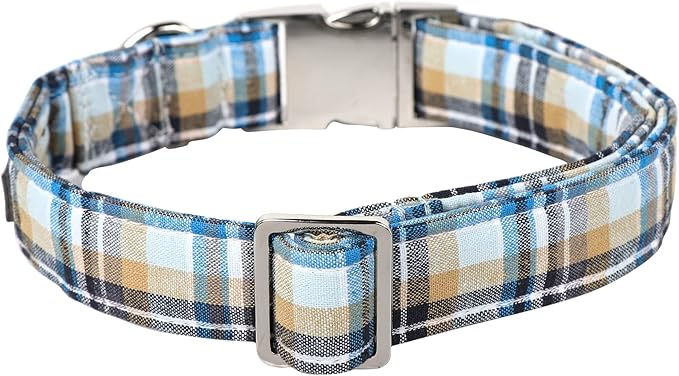 Lionet Paws Boy Dog Collar, Comfortable Adjustable Cute Blue Plaid Collar with Metal Buckle for Male Dogs Gift, Small, Neck 10-16 inches