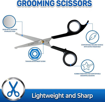 Pet Magasin Japanese Stainless Steel Grooming Scissors (2) for Facial Hair and Larger for Body Trimming with Round Tip (Black)