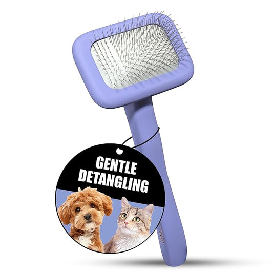 Tauro Pro Line Wooden Deshedding Dog Brush for Long Goldendoodle, Labradoodle & Poodle Hair - Purple Slicker Brush for Dog & Cat Grooming - Rectangular Flexible Cushion & Non-Slip Grip, S