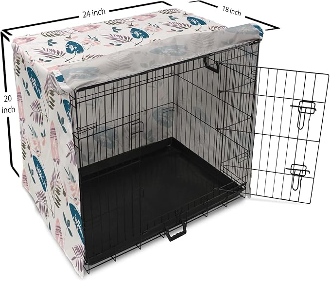 Ambesonne Leaves Dog Crate Cover, Abstract Foliage in Pastel Colors Tropical Jungle Forest Plants with Grunge Effect, Easy to Use Pet Kennel Cover for Medium Large Dogs, 24 Inch, Petrol Blue Baby Pink