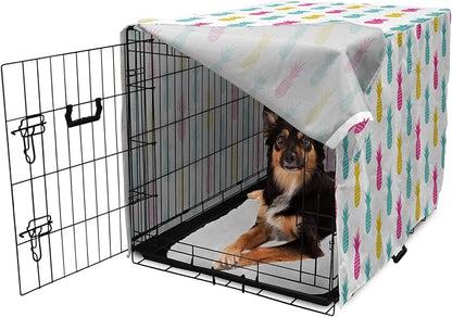 Lunarable Yellow Pineapple Dog Crate Cover, Rhythmic Ananas Fruits in Colorful Design Summer Tropical Concept, Easy to Use Pet Kennel Cover for Medium Large Dogs, 36 Inch, Turquoise Hot Pink