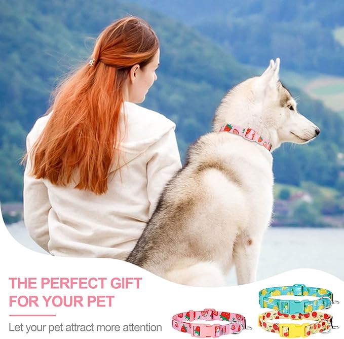azuza 3 Pack Fruit Design Dog Collars Comfortable and Adjustable Nylon Dog Collars for Small Dogs, S (11-16inch)，Strawberry，Lemon and Cherry