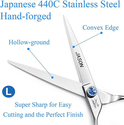JASON Left Handed 7" Dog Grooming Scissors Set, 3 in 1 Ergonomic Blending, Curved, Straight Cat Pet Hair Trimming Thinning Professional Kits with Offset Handle and a Jeweled Screw
