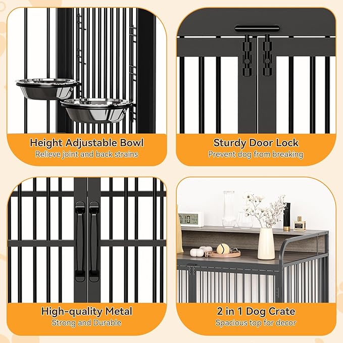 GAOMON Dog Crate Furniture, Dog Crate Indoor with Adjustable Height Bowls, Wooden Heavy Duty, 39.8 Inch Dog Kennel Furniture for Medium Dogs, 39.8" L X 22.5" W X 38.6" H,Grey