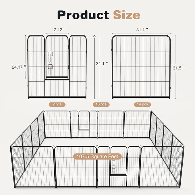 Heavy-Duty Iron Dog Playpen – 16 Panel 32” Durable, Rust-Resistant Pet Fence for Indoor & Outdoor Use, Secure & Spacious Pet Play Area for Dogs, Puppies & Small Animals